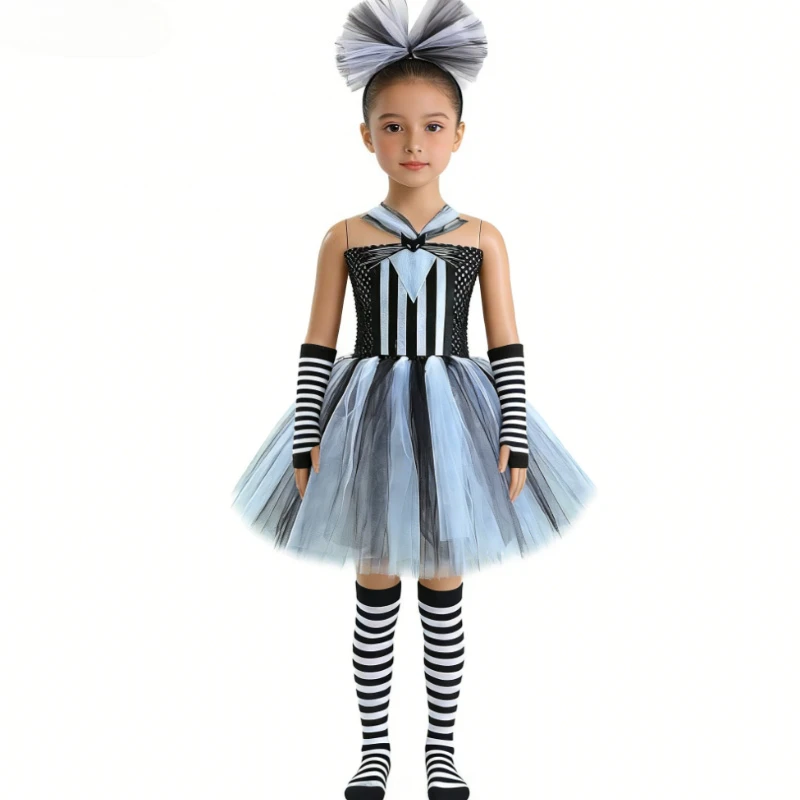 

Jack Ghostly Skull Halloween Costumes for Girls Black White Skeleton Disguise Outfit for Kids Nightmare Carnival Party Dresses