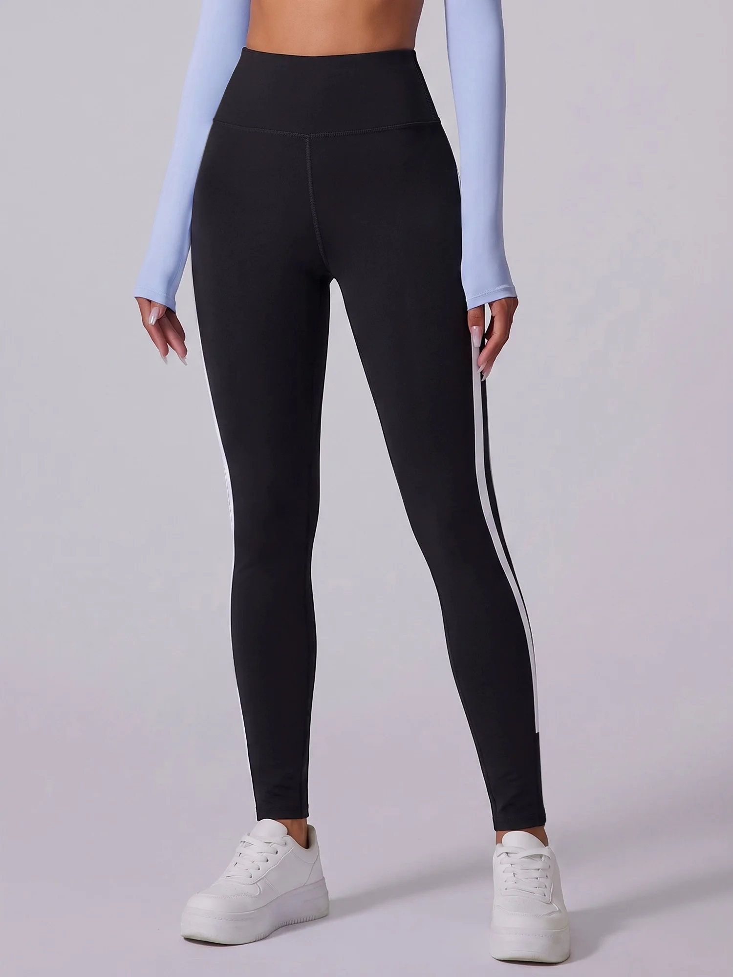 Curved White Side Stripe Women Leggings High Waist Butt Lifting Elastic Slim Casual Daily‑wear Bottoms