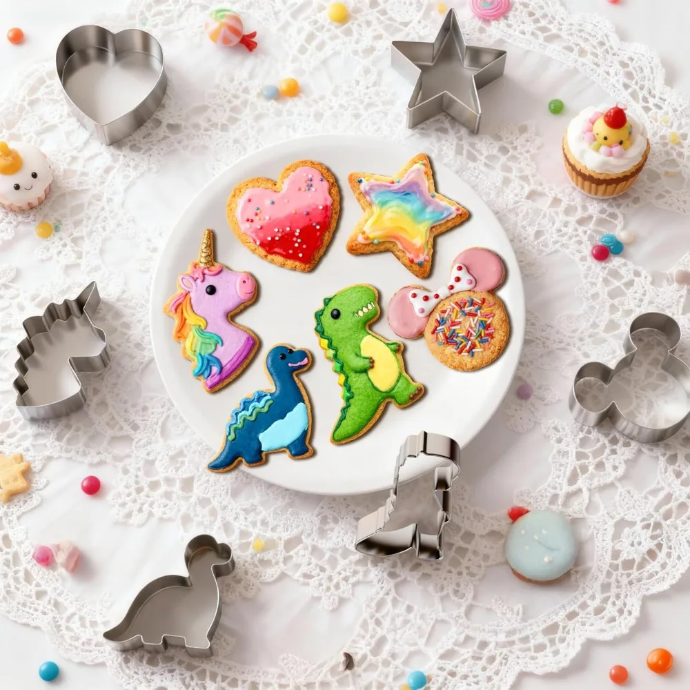 Stainless Steel Cookie Cutters Set Mickey Unicorn Dinosaur Heart Star Shape Metal Biscuit Mold for Baking Christmas Valentine Holiday Party Decorations