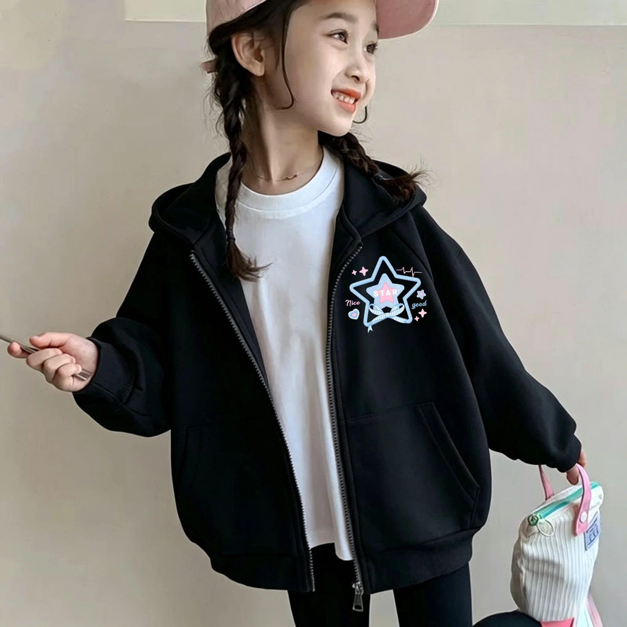 Autumn/Winter Trend Cartoon Cute Children's Hooded Sweatshirt for Big Kids - Comfortable and Warm with Zipper Closure