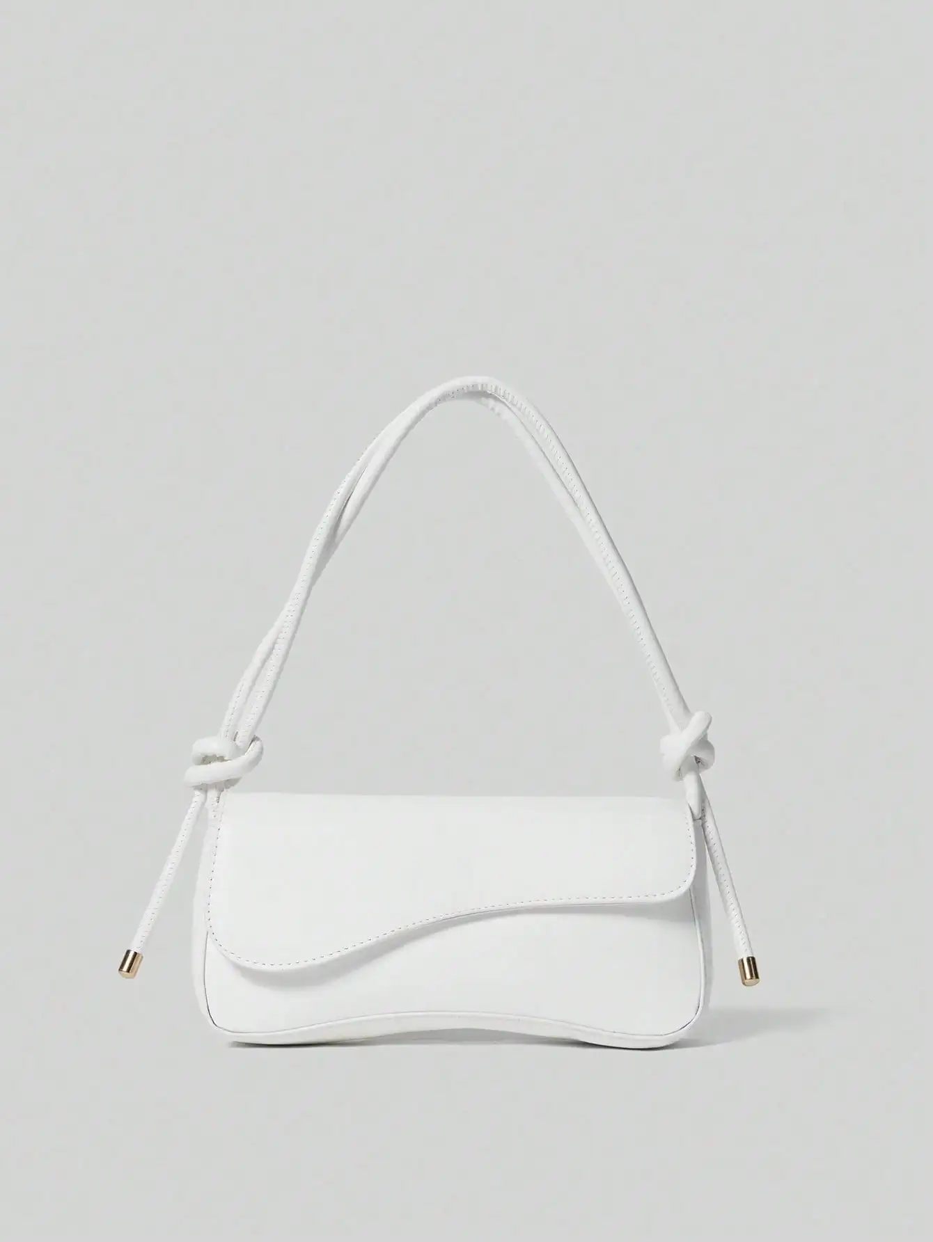 

White Asymmetrical Flap Shoulder Bag with Knot Detail and Gold Tips