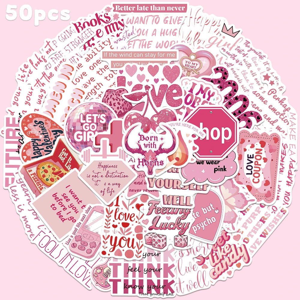 50pcs Pink Romantic Quotes Sticker For Phone Laptop Luggage Skateboard Fridge Bicycle Helmet Decoration Decal Sticker Gift Toy