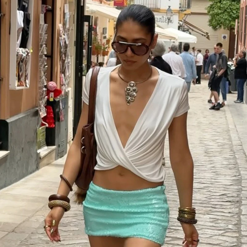 Hugcitar Damenmode, tiefer V-Ausschnitt, einfarbig, kurzärmelig, gerüscht, sexy Crop-T-Shirt, Top, Sommer, Strandurlaub, weibliches Outfit – Detail 16