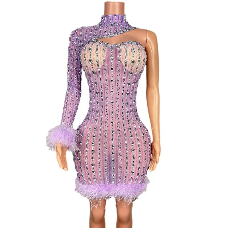 

2025 Purple Feather Bright Diamond Evening Dress Stage Performance Dress Wedding Master Of Ceremonies Party Bar Club Performance