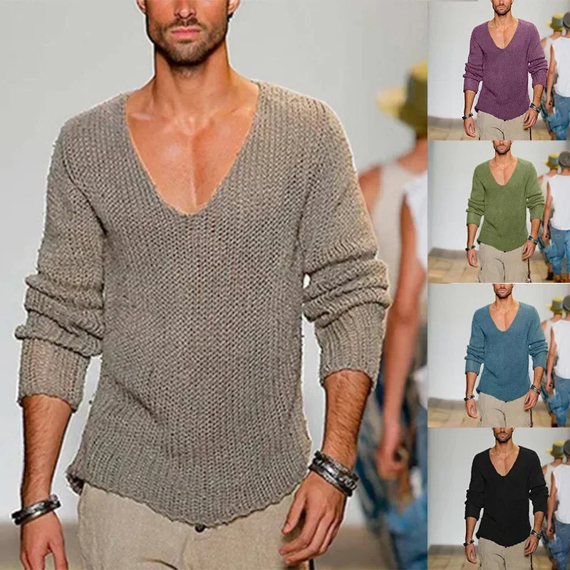 

Men's Sweater Long Sleeved V-neck Loose Fashionable and Casual Solid Color Knitted Pullover Mens Clothing
