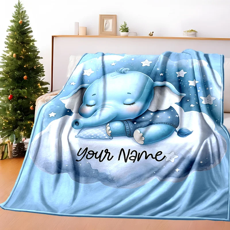 Encanto personalizado, manta de elefante azul personalizable con nombre personalizado, Parábola de poliéster ligero adecuada para todas las estaciones