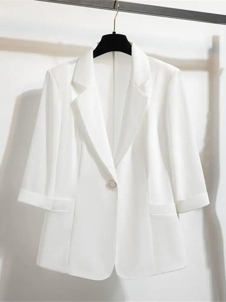 Elegant Summer New White Chiffon Women's Blouse Thin Style Sleeve Seven-Quarter Length Short Coat One Button Closure