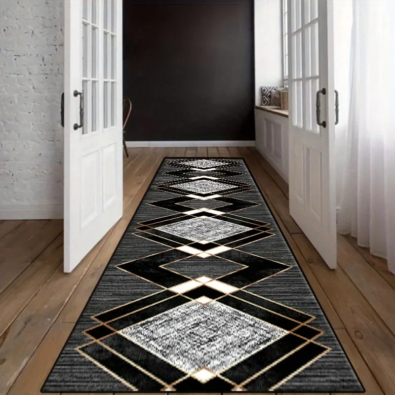 VIKAMA Black Gold Diamond Pattern Rug Durable and Machine Washable Hallway Runner Mat Kitchen and Laundry Room Rug Home Decor