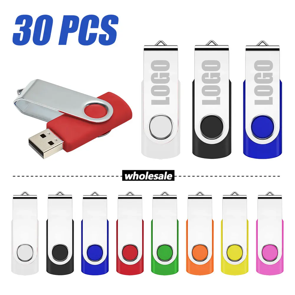 

30PCS Rotatable Colorful Custom logo USB 2.0 Flash Drive 32GB usb pendrive 64GB Silver Clip Pen Drive 16GB U Disk 128MB 256MB