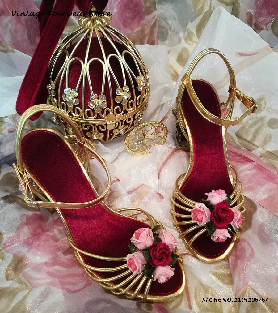 

Золотые кожаные босоножки с ремешками в виде розы и цветочной клеткой, круглые туфли с открытым носком на странном каблуке, женские летние модные вечерние туфли на высоком каблуке