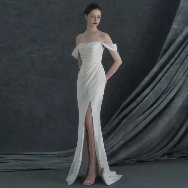 

Off-shoulder Satin Wedding Dress2025New Style Petite Bride Textured French Style Small Train Light Dress for Summer