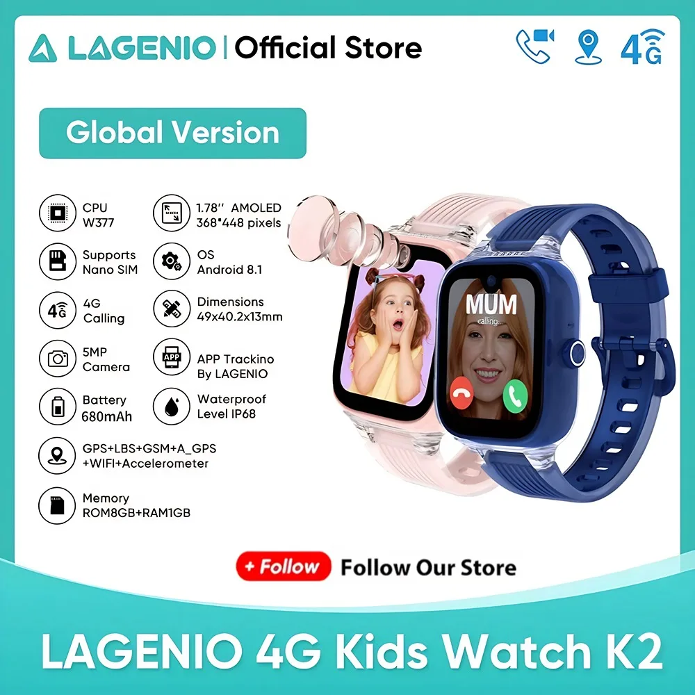 

LAGENIO 4G Kids Watch K2 Smartwatch GPS WIFI Video Call SOS IP68 Waterproof Child Smart Watch Camera Monitor Tracker Phone Watch