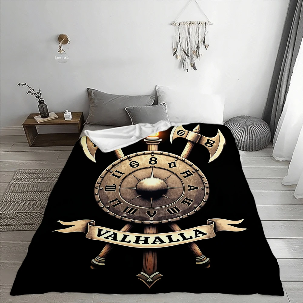 Valhalla Viking Theme, Norse Mythology Fans Gift, Soft Cozy Blanket, Crossed Axes Clock Design, Multi-Purpose Home Decor