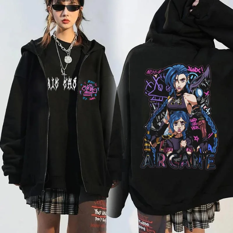 Arcane Jinx Zip-up Hoodie Men Monkey Graffiti Zipper Jacket Male Harajuku Anime Arcane Boom Oversized Hip Hop Sweatshirt Coat