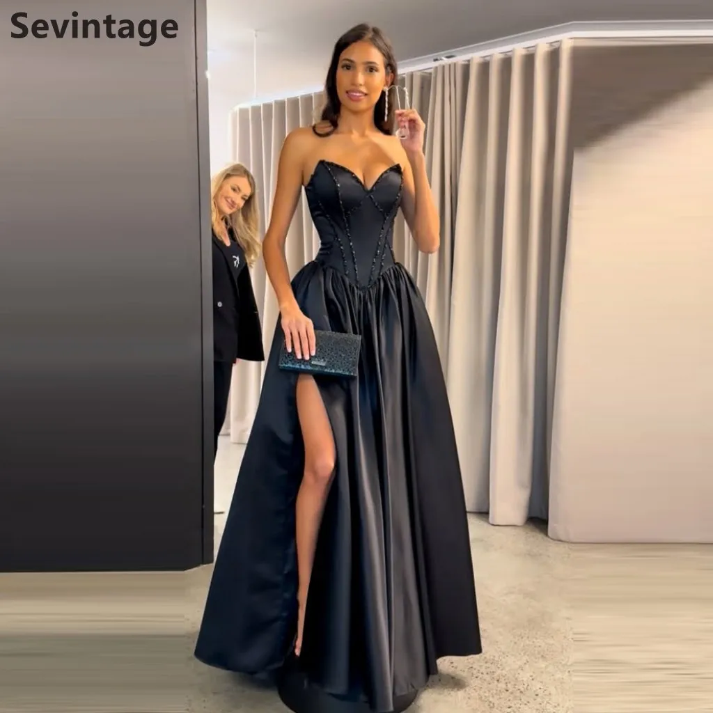 

Sevintage 2025 черное атласное вечернее платье трапециевидной формы макси с бисером, милое платье для выпускного вечера для свадьбы, торжественное вечернее платье по индивидуальному заказу