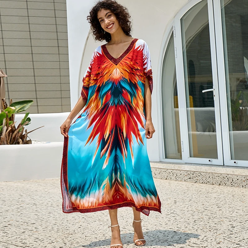 Mandala Kaftan Boho Chic ผู้หญิง Maxi ชุด Batwing Sleeve ขนาดใหญ่รีสอร์ทประเทศไทย Beach Cover Ups Seaside Tropical Caftan