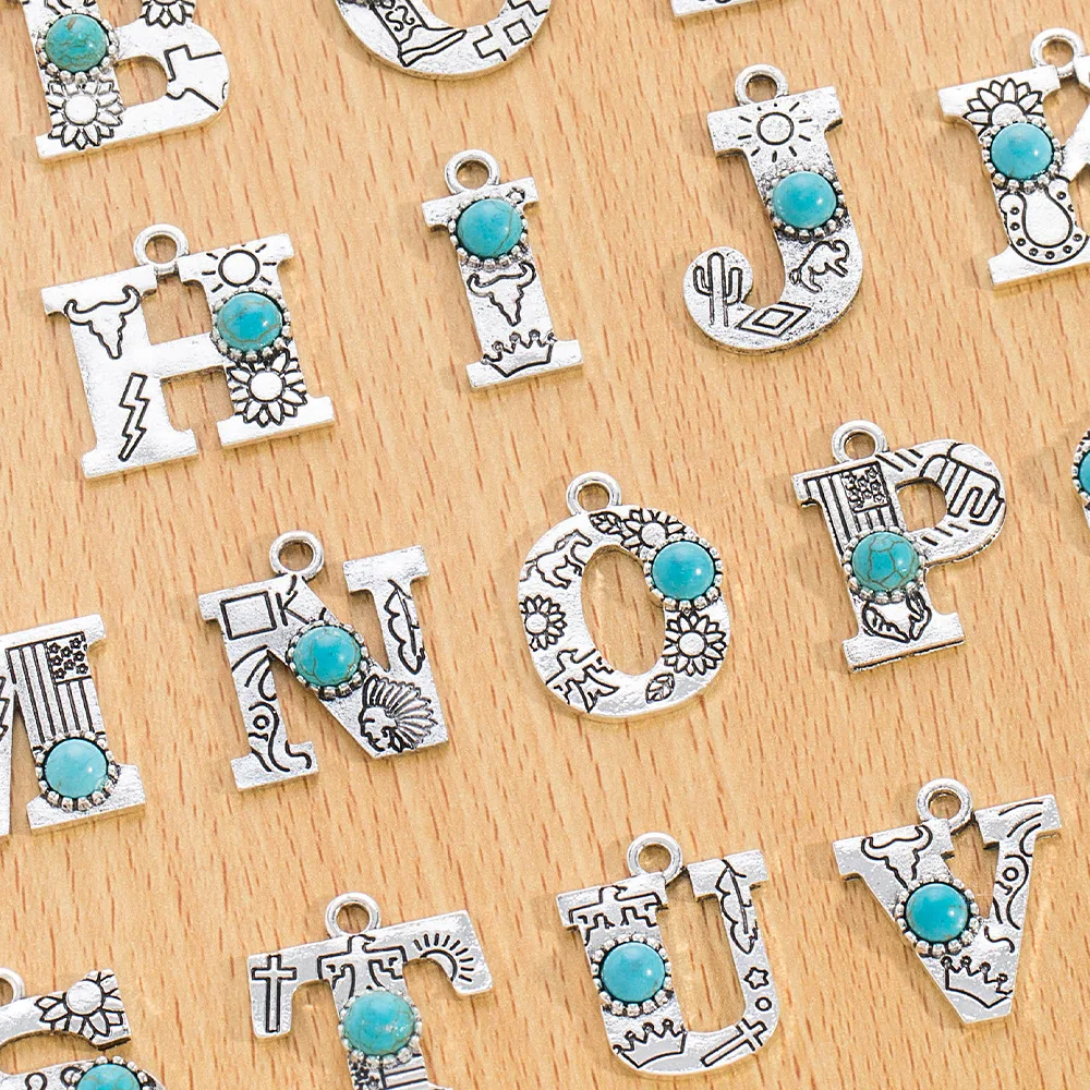 유행 의류 액세서리를 위한 DIY 합금 문자 펜던트, 보헤미안 스타일 청록색 문자 액세서리