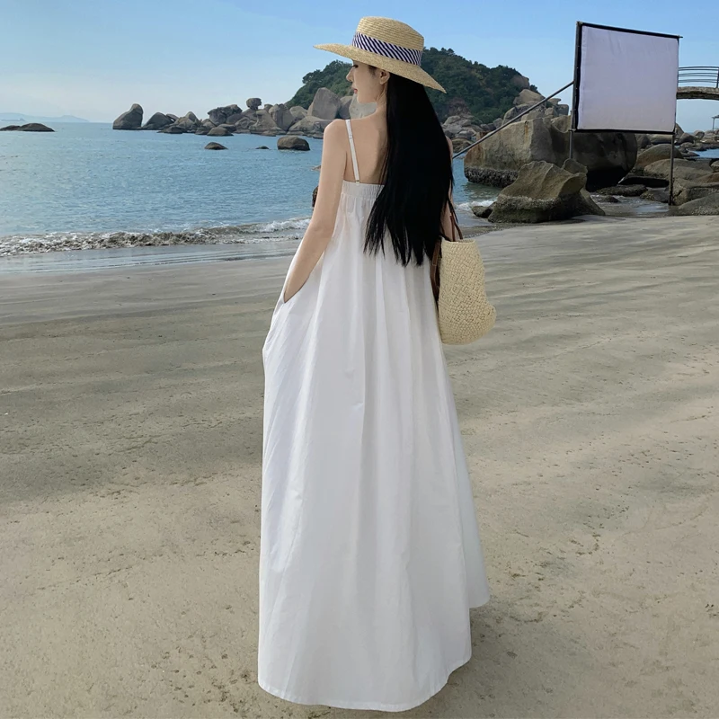 Factory Strap Dress for Women, White Vacation Style, Refreshing White Moonlight Elastic Waist, Square Neck, Loose Long Dress