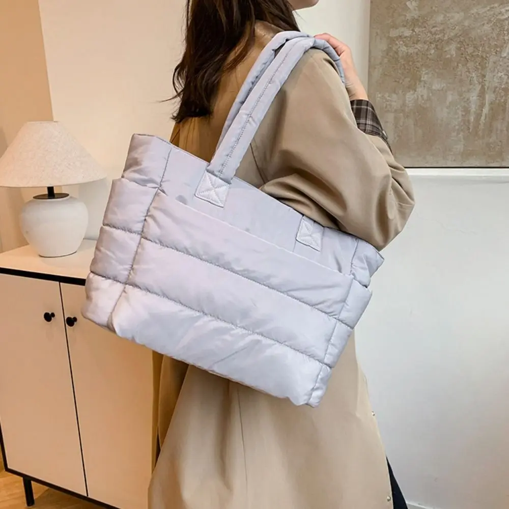 

Корейский стиль, пуховая хлопковая сумка на плечо, однотонная легкая пухлая сумка, большая вместительная космическая хлопковая сумка-тоут с хлопковой подкладкой