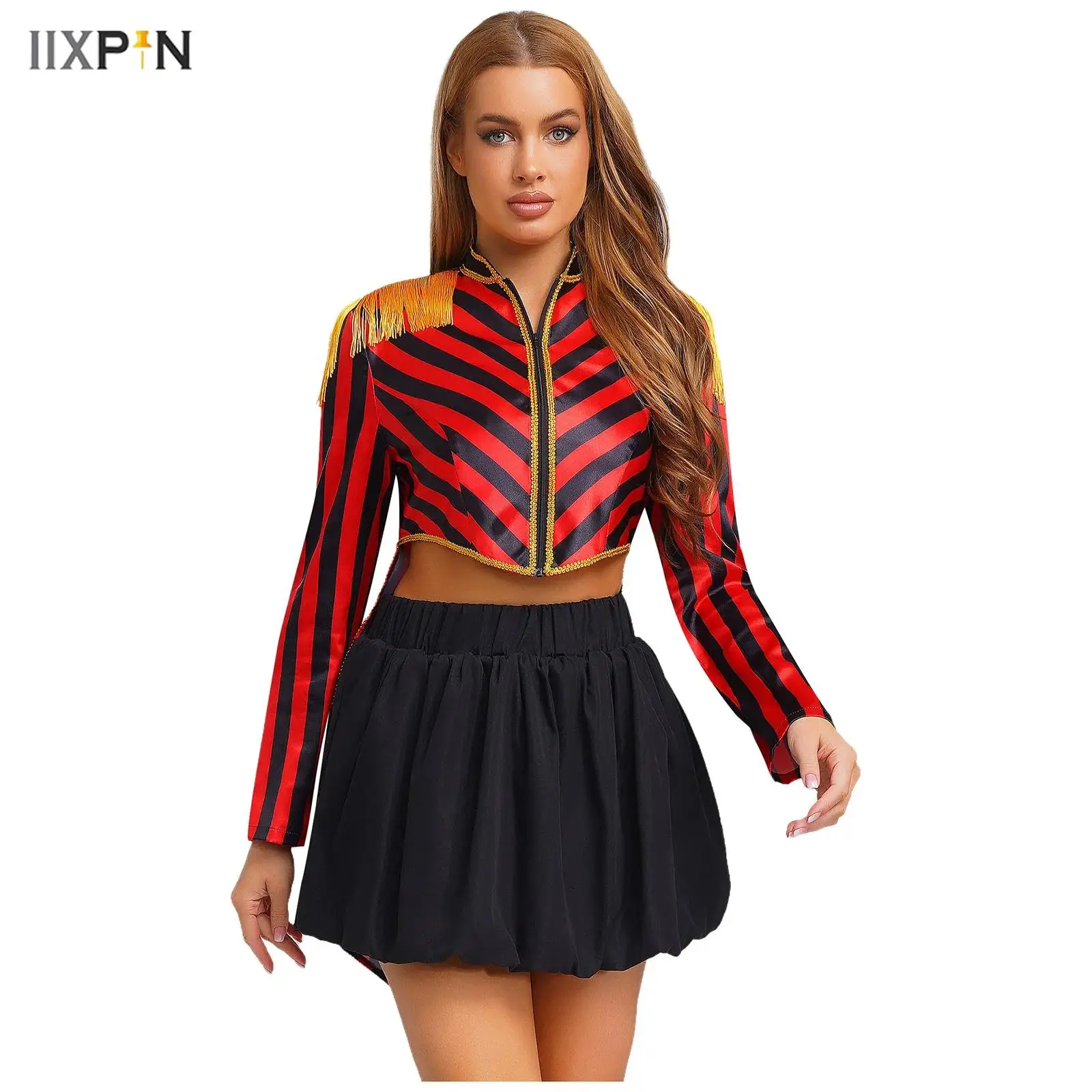 

Womens Circus Ringmaster Magician Tailcoat Long Sleeve Tassel Shoulder Boards Striped Jacket Coat for Halloween Dress-up Party