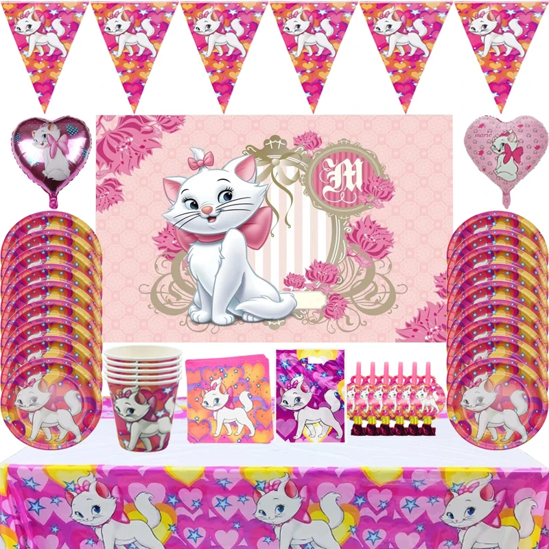 

Disney Marie Cat Birthday Party Decoration Disposable Tableware The AristoCats Pink Balloons set Tablecloth Baby Shower Kid Toys