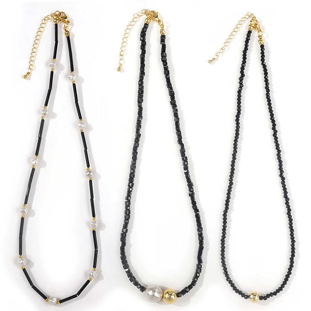 Go2boho Layered Black and Gold Plated Beaded Necklace with Faux Pearls Handmade Adjustable Jewelry for Women Gift