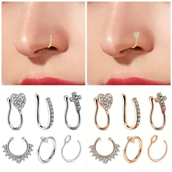 3-6PCS Rhinestone Horseshoe U Shaped Faux Nose Clip,Stainless Steel Fake Hoop Nose Ring,  Non Piercing Nose Jewelry