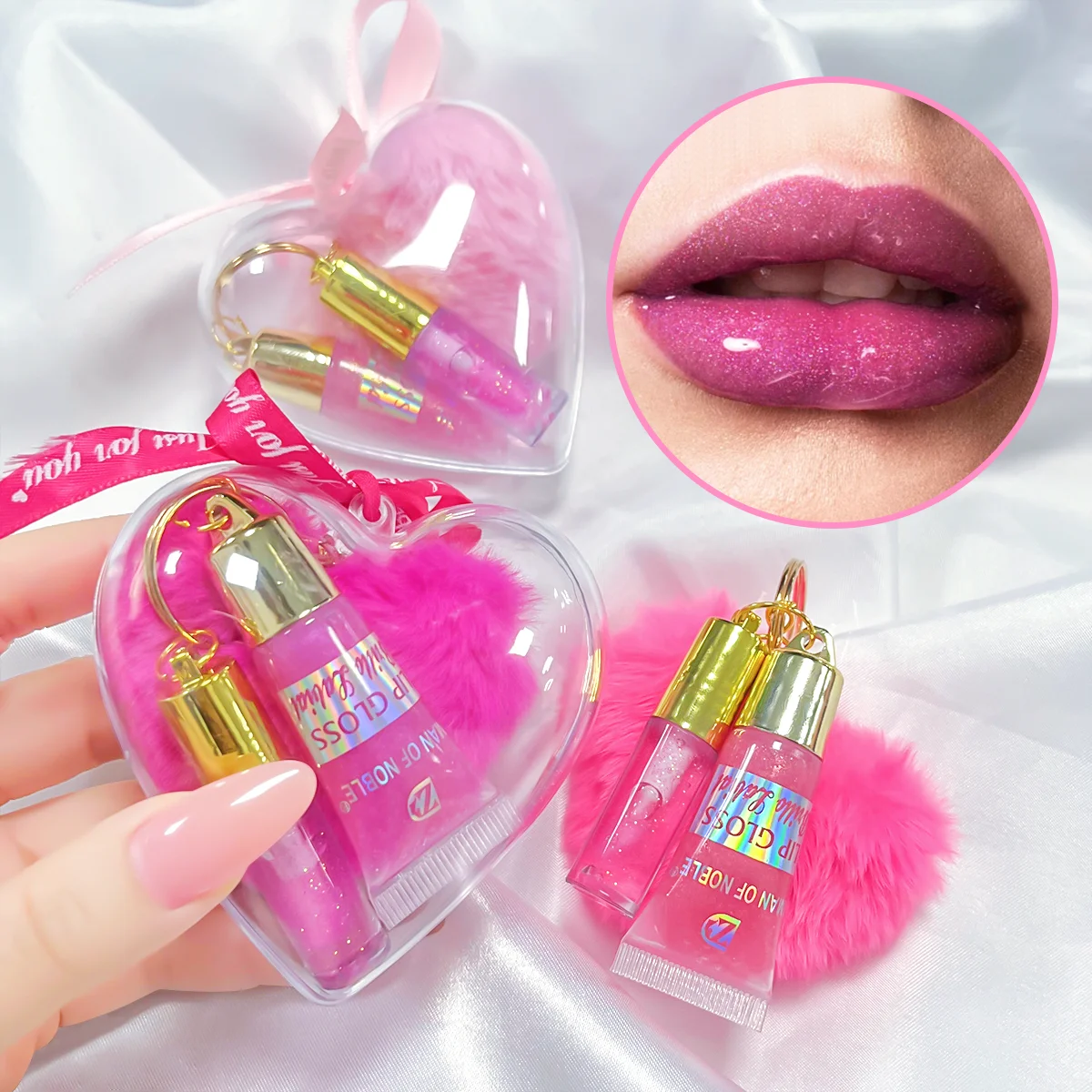 Amor brillo de labios Color duradero lindo bola de pelo colgante conjunto aceite de labios portátil Día de San Valentín