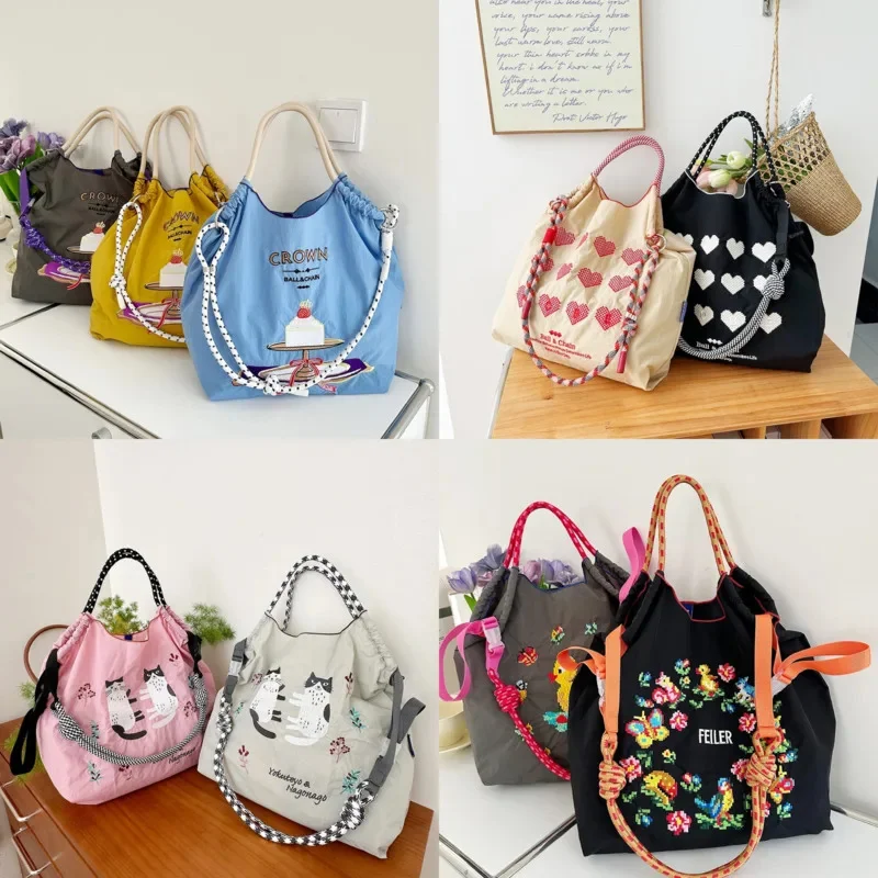 Draw String Hand Bag Oxford Cloth Embroidery Tote Reuseable Nylon Bag Portable Shoulder Bag Korea Bag Foldable Bag Embroidery