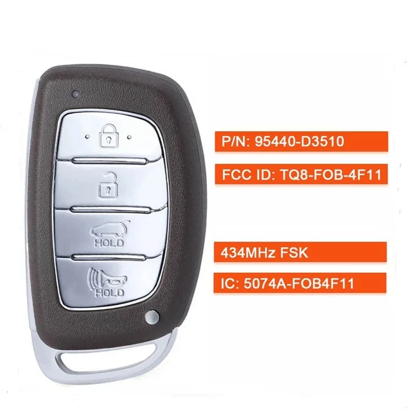 

DIYKEY 95440-D3510 4Buttons Smart Car Key For Hyundai Tucson 2018 2019 2020 Remote Keyless Card 433MHz ID47 TQ8-FOB-4F11