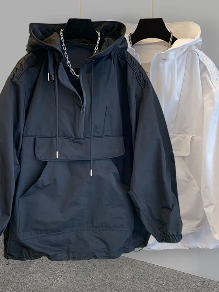 

Autumn Winter Large Size 300 Pou Simple Hooded Men's Jaet 2024 New Loose Workwear Patchwork Windbreaker Trendy Outerwear