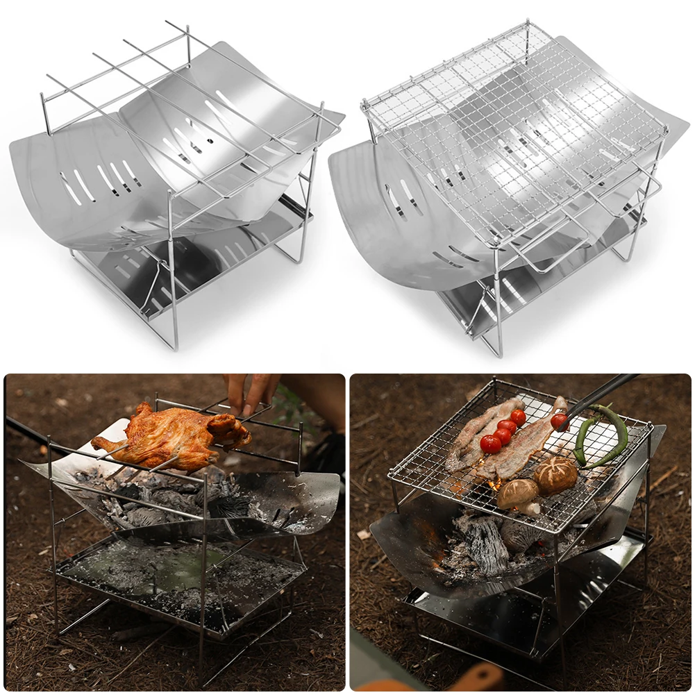 Camping BBQ Grill Portable Camping Firepit Folding Outdoor Wood Burner Stainless Steel Campfire Stove for Outdoor Backyards