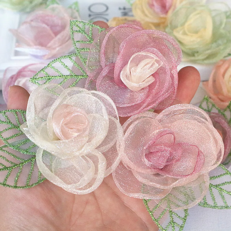 10Pcs 5.5CM Organza Chiffon Fabric Artificial Flower With Leaves Wedding Dress Decoration Home Accessories DIY Fake Flowers
