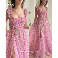 Fancy Fairy Prom Dresses A Line Square Neck Floral 3D Flowers Party Dress Side Split Prom Party Gowns Custom Made