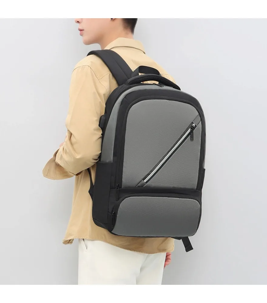 Black slim laptop backpack with diagonal zipper anti splash side pockets for office daily work short travel