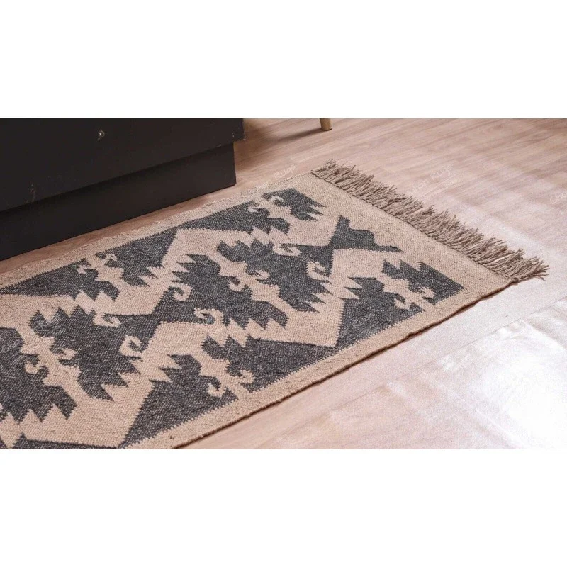 Natural Indian Handwoven Wool Jute Rug Wool Jute Kilim Rug for Living Décor Rug