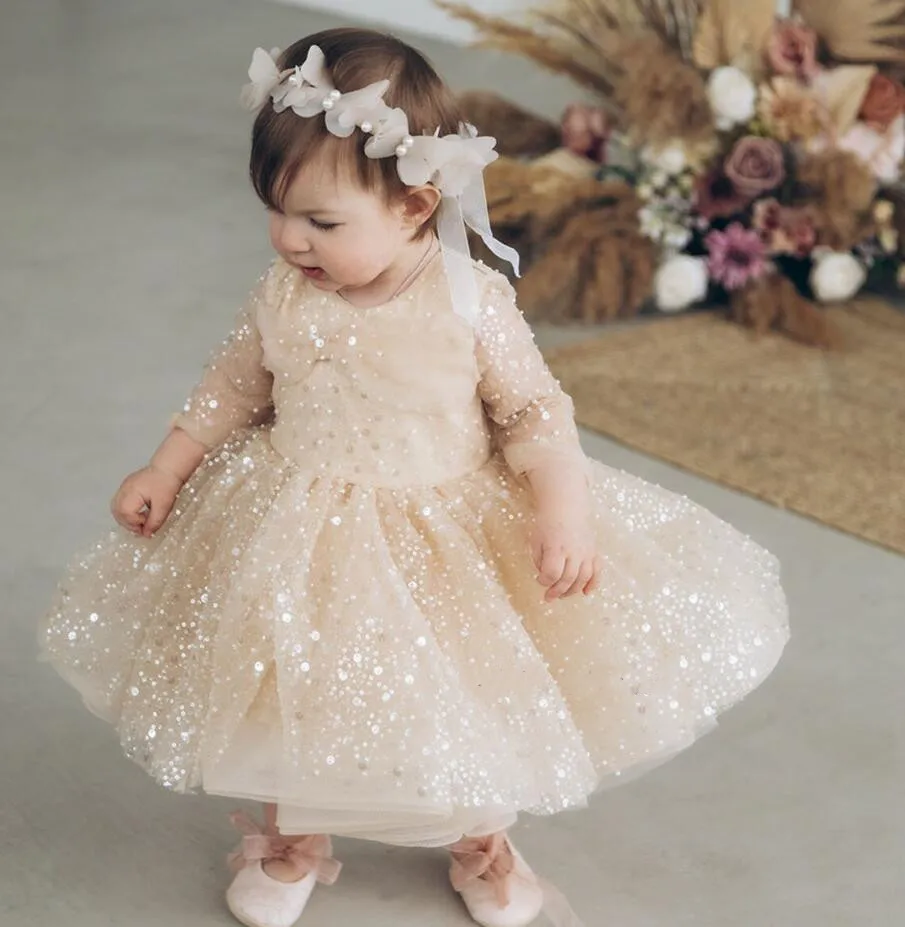 Flower Girl Dress For Wedding Glitter Sequins Champagne Tulle Puffy Full Sleeve Child First Eucharistic Birthday Party Dresses