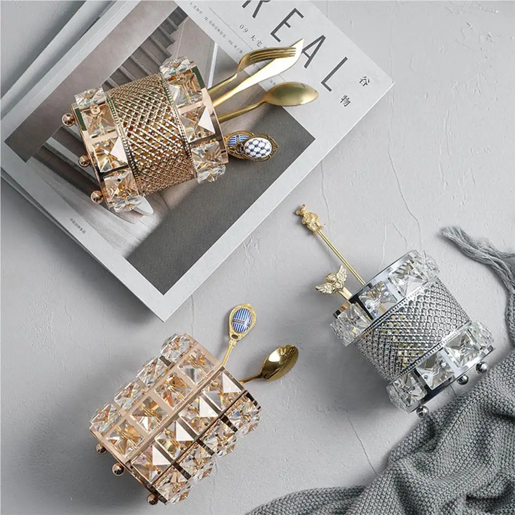 Crystal Gold-plated Wrought Iron Makeup Brush Organizer Pen Holder Desktop Decorative Ornaments