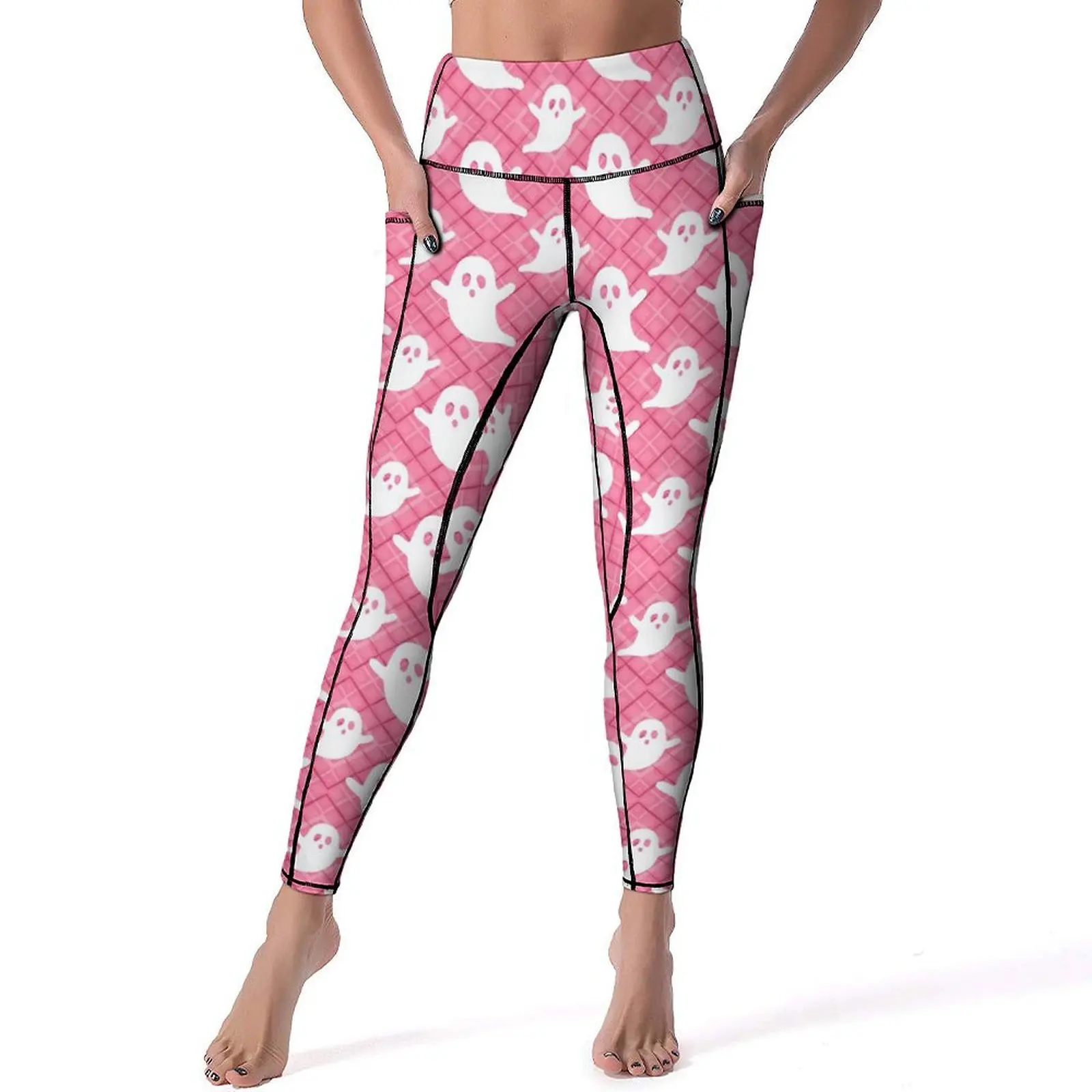 

Pink Ghost Print Yoga Pants Pockets Lovely Ghosts Leggings Sexy Push Up Aesthetic Yoga Sport Legging Stretchy Workout Leggins