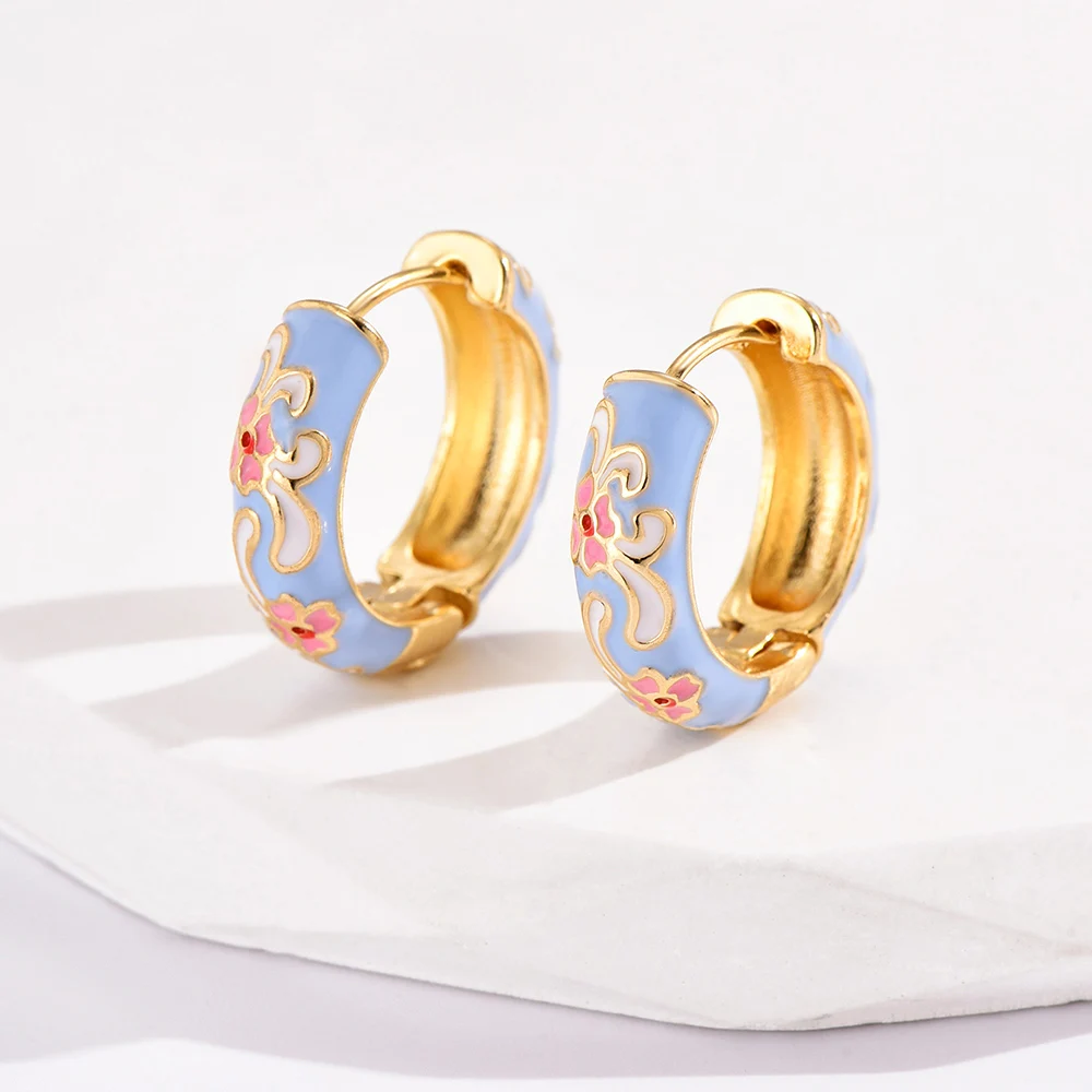 Vintage Colorful Enamel Flowers Huggies Earrings for Women Girls Gold Plated Round Circle Hoop Earrings Female Classic Jewelry