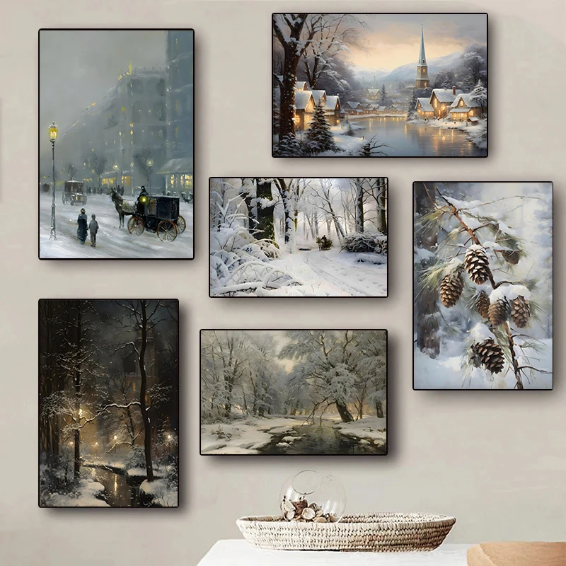 Winter Forest Fox House Glacier Snow Countryside Retro Poster Canvas Paintings Wall Art Pictures Home Decor