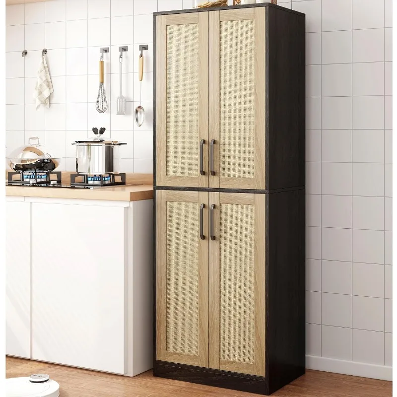 

Kitchen Pantry Cabinet, Tall Bathroom Storage Cabinet Freestanding with 4 Rattan Doors and Adjustable Shelves, Cupboard Cabinet