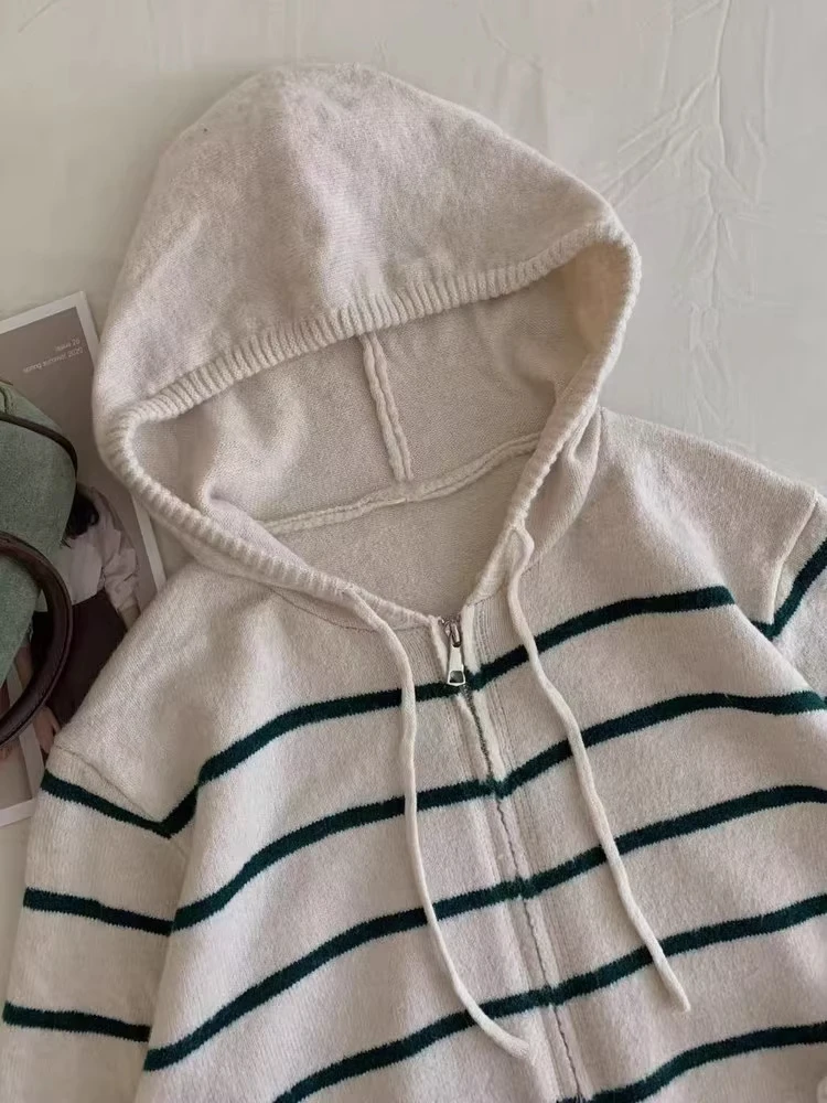 Ladies' Hooded Long Sve Striped Color Blo Knitwear Spring Autumn New Sle Unique Beautiful Top Soft Korean Loose Fit