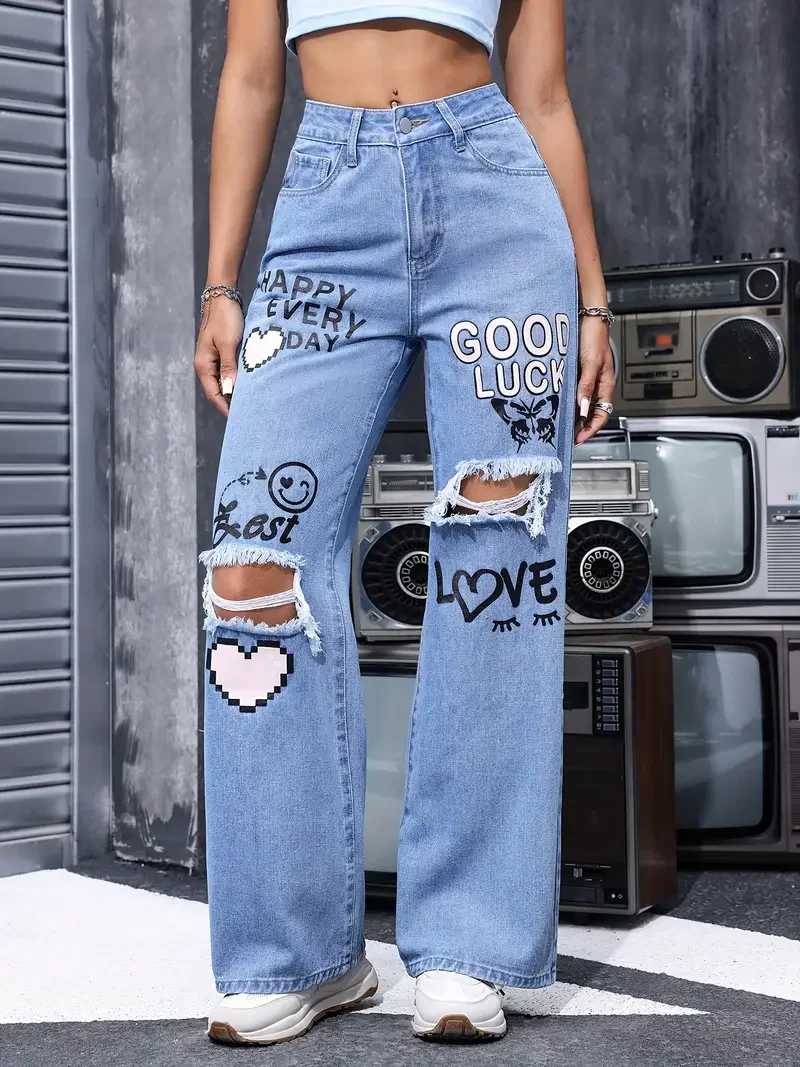 Women's High Waist Button Up Butterfly Print Jeans Fashion Casual Straight Pants for Women Spring Summer 2024 Chic Ripped Jeans