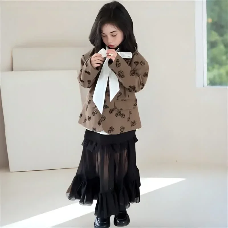 Suit for Girls Autumn Casual Printed Blazer Jacket Mesh Skirt 2pcs School Uniform Kids Clothes Set 2-13 Years Children Costumes