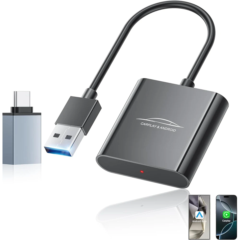 2 in 1 Wireless Android Car and Carplay Adapter, WiFi 5.8GHz Convert Dongle USB/Type-C for iOS 10+ and Android 11+