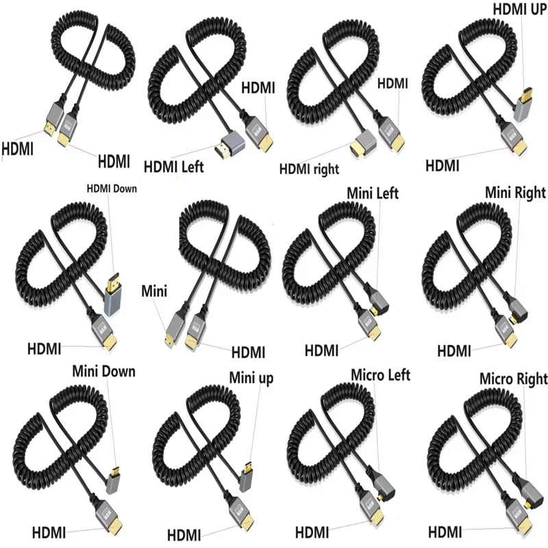 4K HDMI Spring Cable Male to Male Left Right up Down  Mini Micro hdmi  Coiled Extension Flexible Spiral Cable Plug HDMI Cable