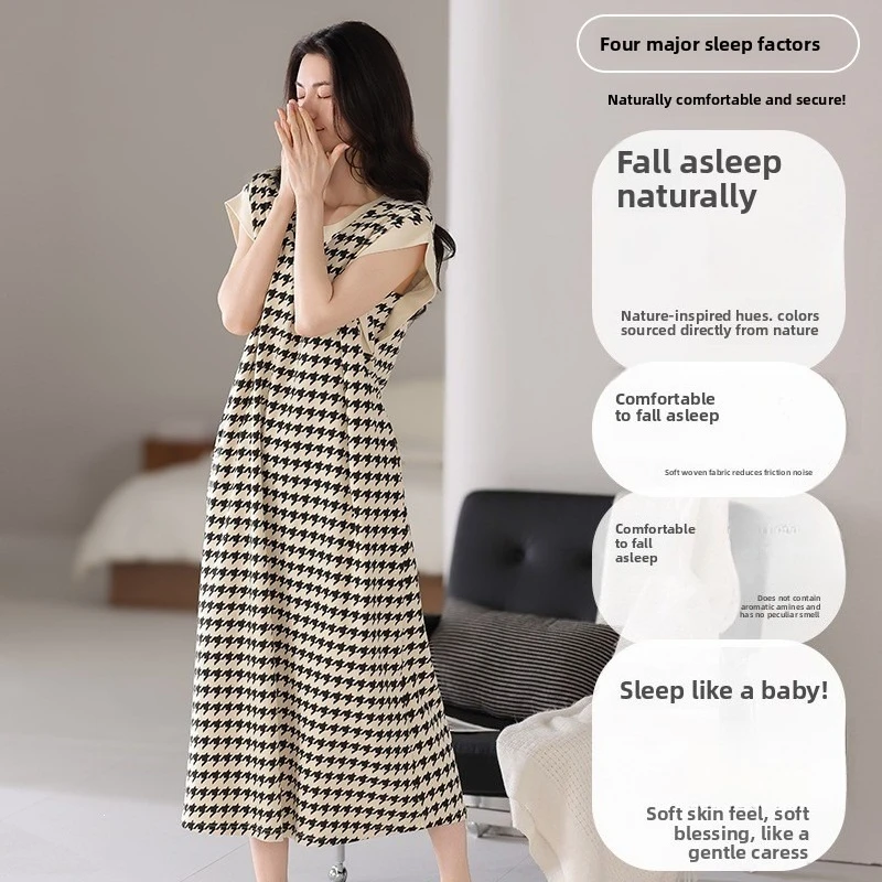 Summer New Korean Style Cute Black Stripe Ladies Nightdress With Chest Pad Mid Length Sleep Dress Outwear Available Homewear 3XL