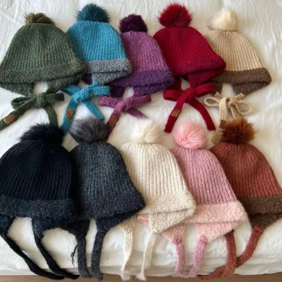 Kore Ins kış kalınlaşmış sıcak dikey çizgili örme yün bombacı şapka renk eşleştirme kayış kulak koruyucu Lei Feng şapka