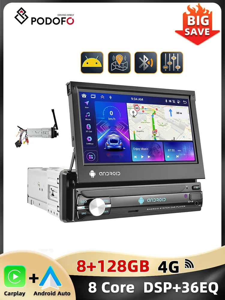 Podofo 1Din 7 ''Auto Multimedia Speler 8 + 128G 8Core Autoradio Carplay Android Auto WIFI GPS Navigatie Intrekbaar Scherm Stereo - afbeelding 2